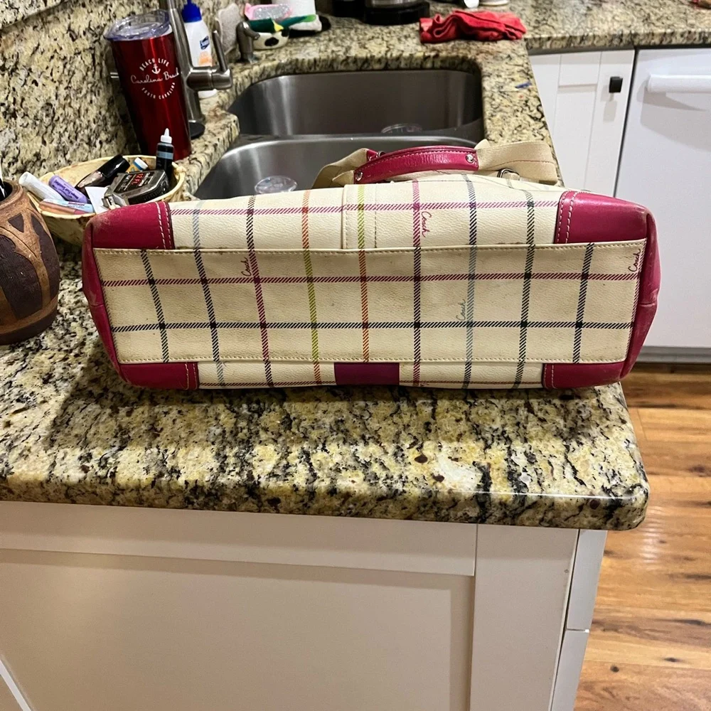 Coach Beige Plaid Canvas Laptop Tote with Pink Accent